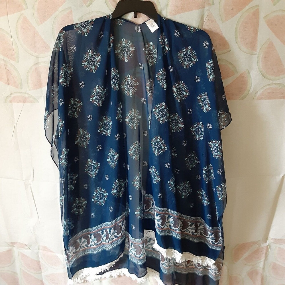 Women's Long Dark Blue Boho Hippie Kimono Body Wrap W/White Fringe Open Front OS